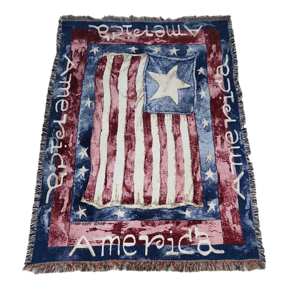 Vtg Diane Knott Patriotic America Woven Tapestry Blanket Flag Americana Signed